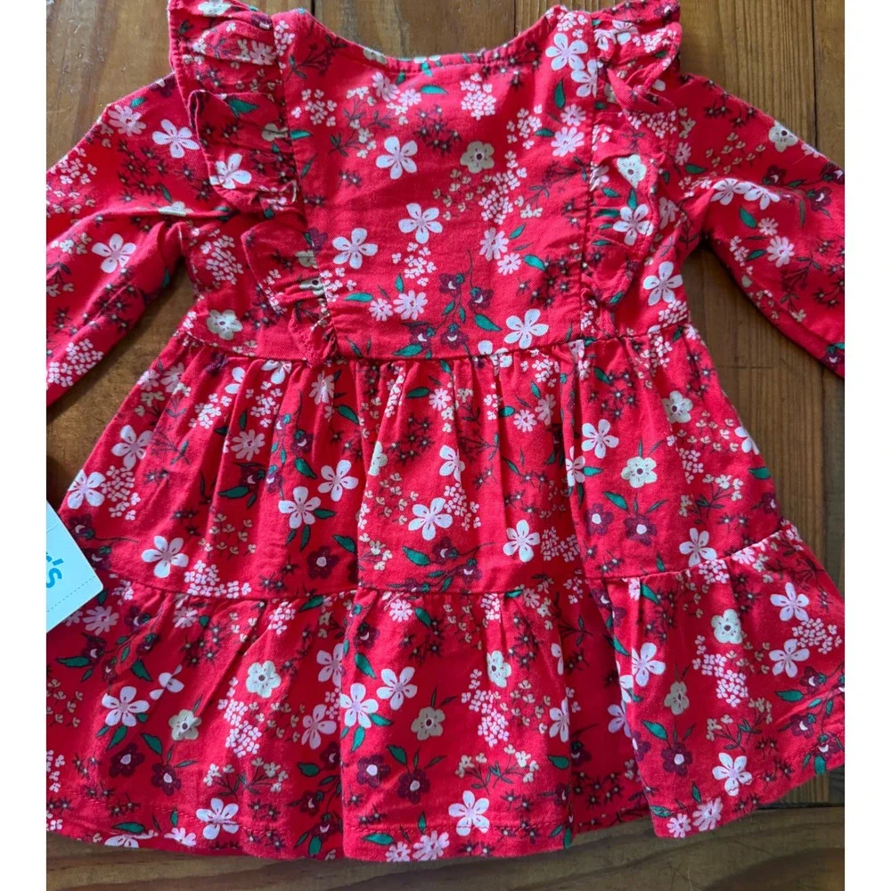 Carters Baby Girl Red Floral Ruffle Tiered Long Sleeve Cotton Dress 3 Months NEW